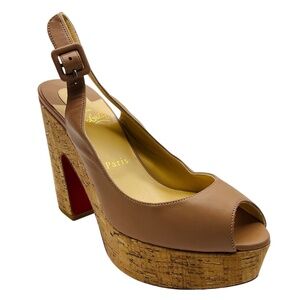 CHRISTIAN LOUBOUTIN NUDE LEATHER AND CORK PLATFORM PEEP TOE SANDALS